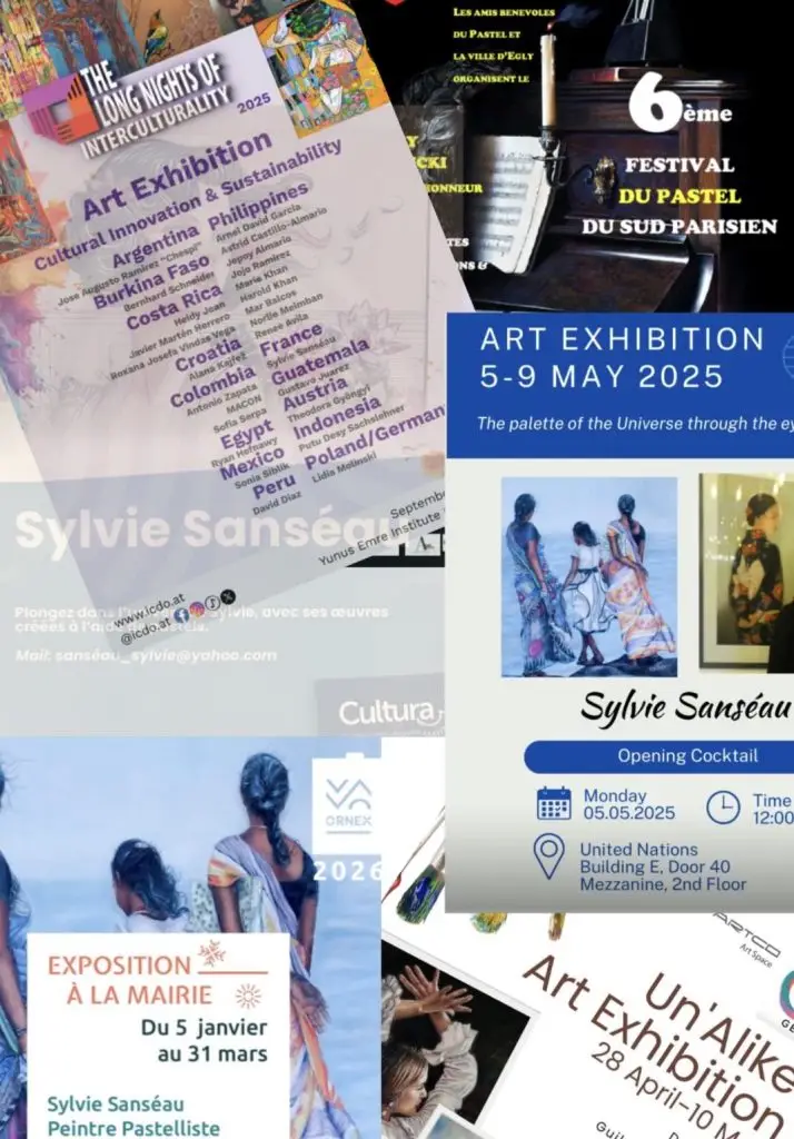 affiche fait avec des affiches d'expositions de Sylvie Sanséau artiste pastelliste installée à Prévessin-Möens dans le Grand Genève, près de Ferney-Voltaire