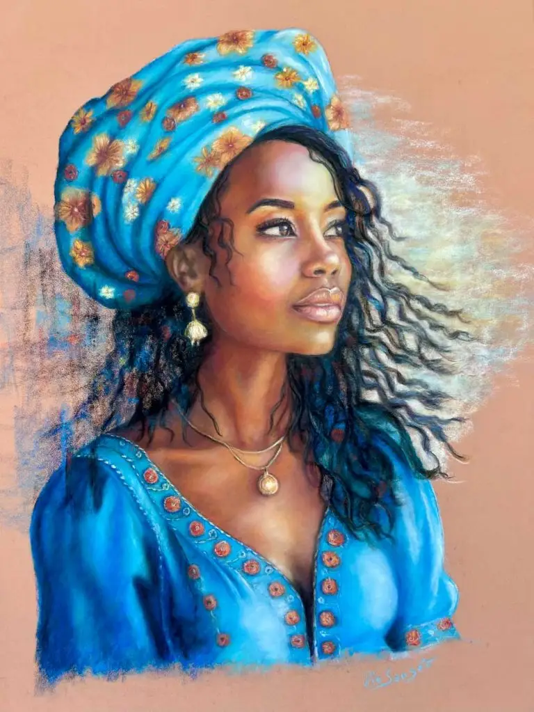 Ilma portrait pastel d'une femme au turban bleu fleuri cheveux dans le vent