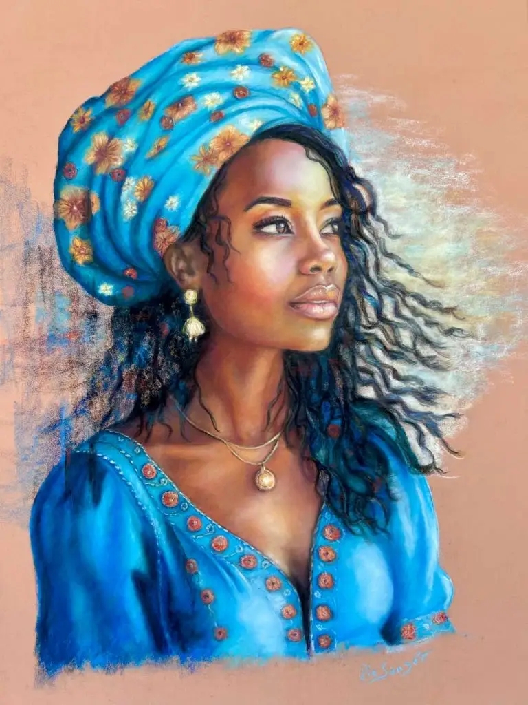 Ilma portrait pastel d'une femme au turban bleu fleuri cheveux dans le vent