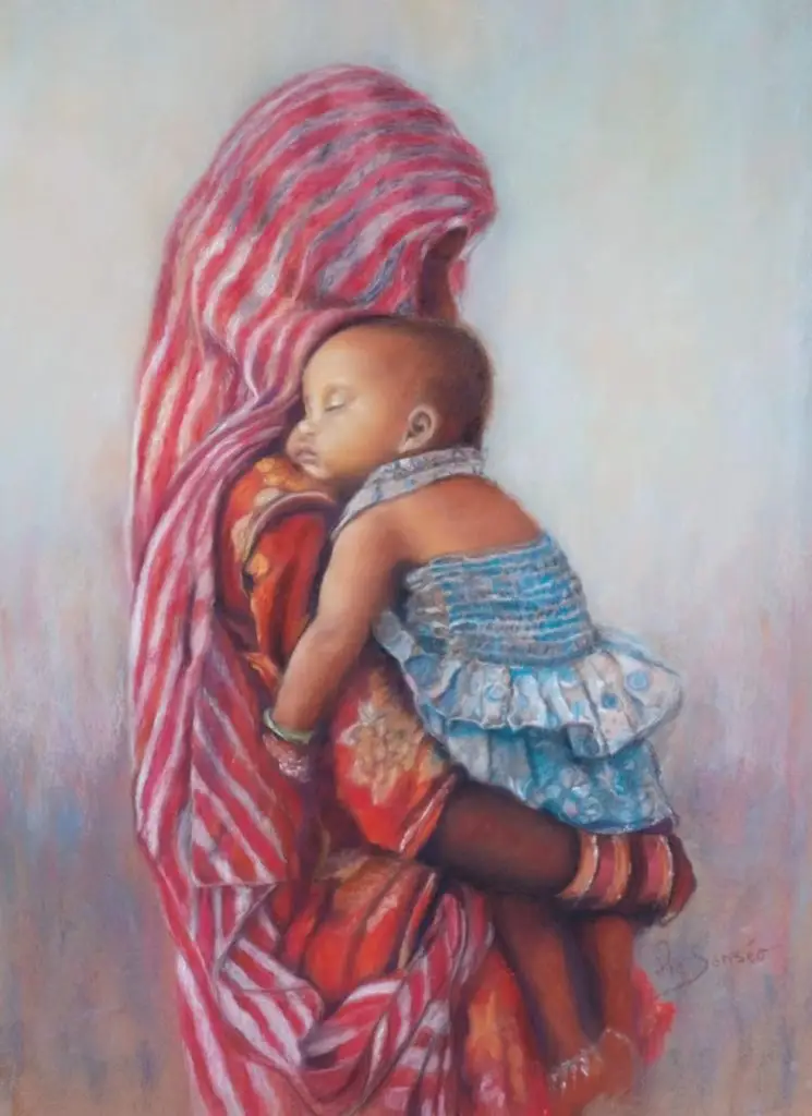 portrait au pastel sec d'une femme en sari indien qui porte dans ses bras un enfant endormi peint par Sylvie Sanséau, artiste pastelliste