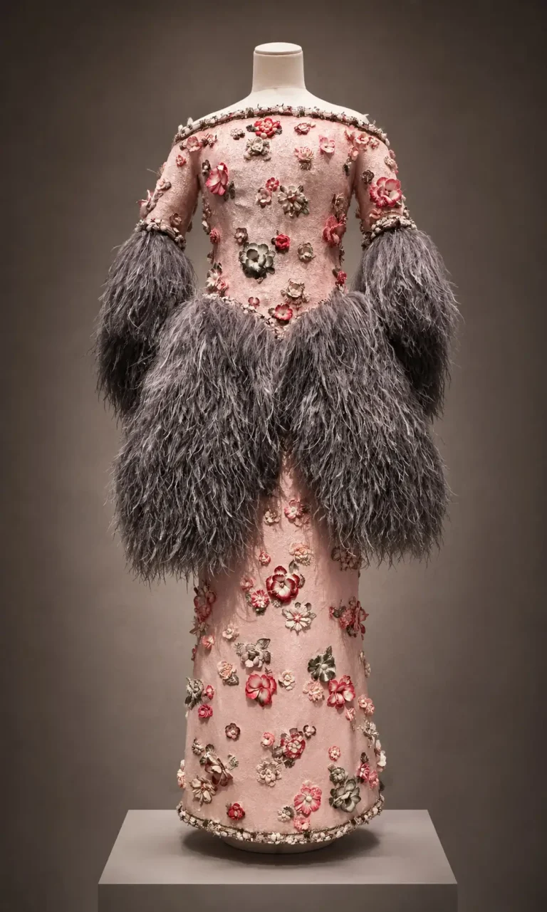 Chanel par Karl Lagerfeld, 2019 - Broderies florales et plumes d’autruche pour une silhouette inspirée du XVIIIᵉ siècle. 1 205 heures de broderie, mêlant savoir-faire traditionnel et technologies 3D.