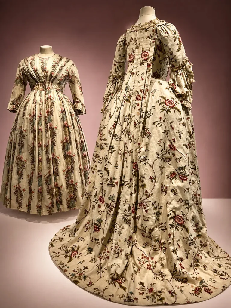 Manufacture Oberkampf, 1765 -1770- robe à la française dont les motifs floraux et l’impression textile témoignent de l’influence des étoffes venues des Indes.