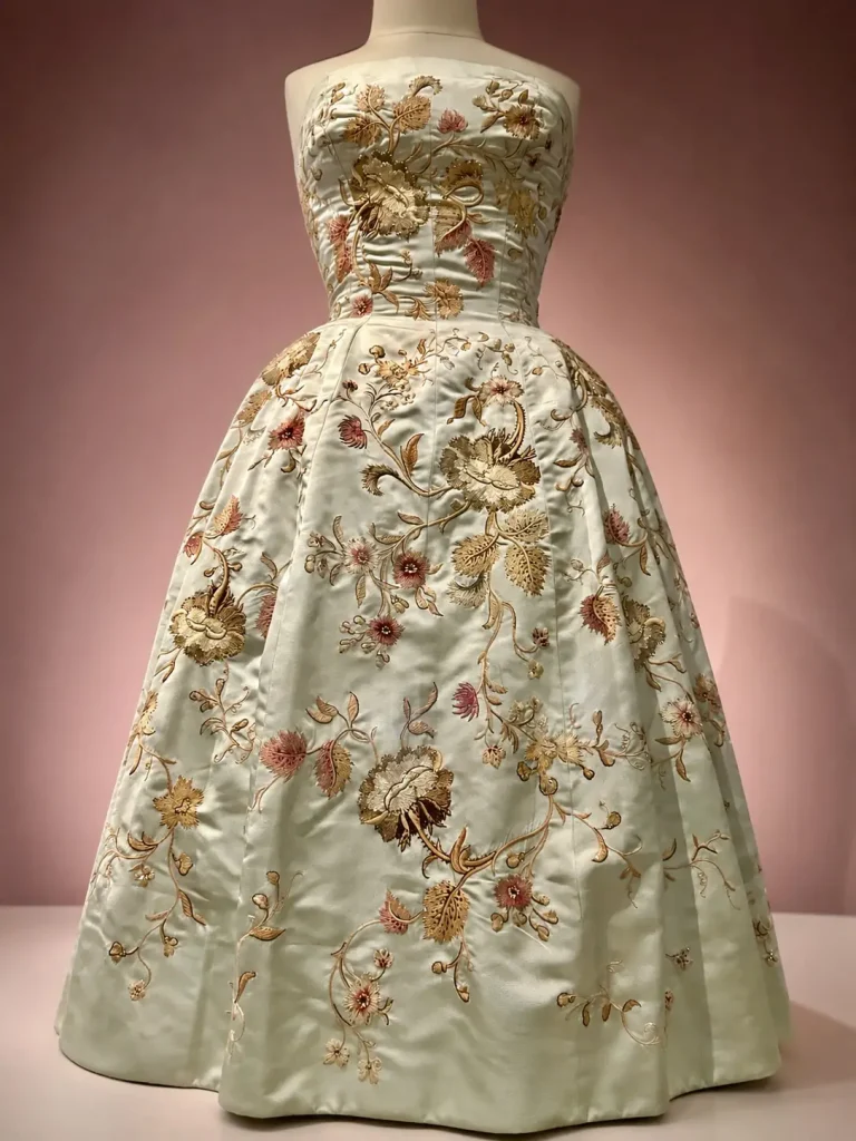 Christian Dior, Nuit fraîche, 1954 - Inspirées des « arbres de vie » des cotonnades indiennes du XVIIIᵉ siècle, les broderies florales accompagnent la ligne de la robe jusqu’à en dissimuler les coutures.