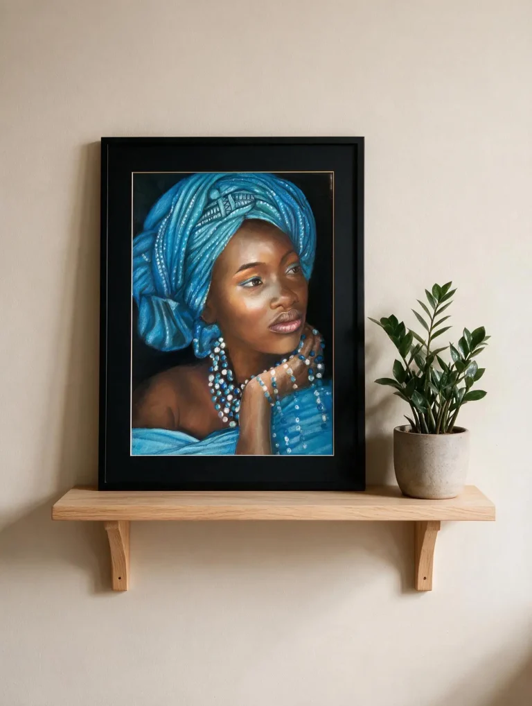 Pastel-sec-drape-afrique-perles-portrait-Le-bleu-d-Awa-passe-partout-cadre-sanseau-sylvie-Geneve