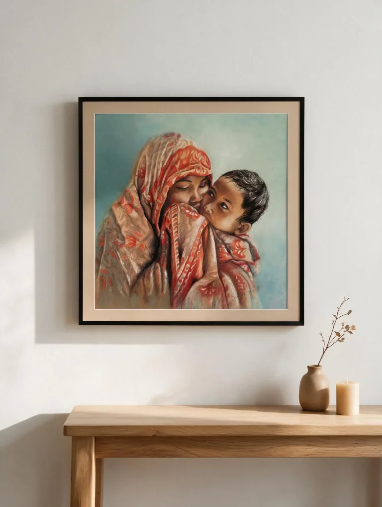 Sanseau-sylvie-pastel-sec-the-love-sari-drape-femme-enfant-drapé-50cm-50cm-cadre-encadre-passe-partout