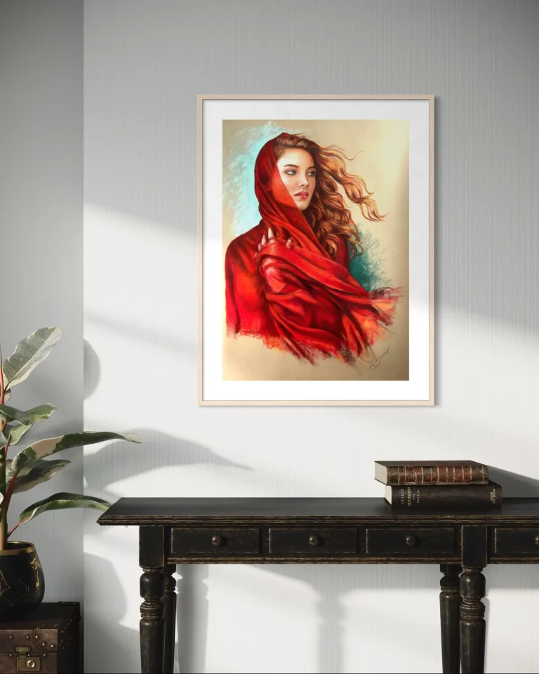 sanseau-sylvie-pastel-sec-portrait-femme-drape-encadre-cadre-passe-partout-Erin-60x80cm