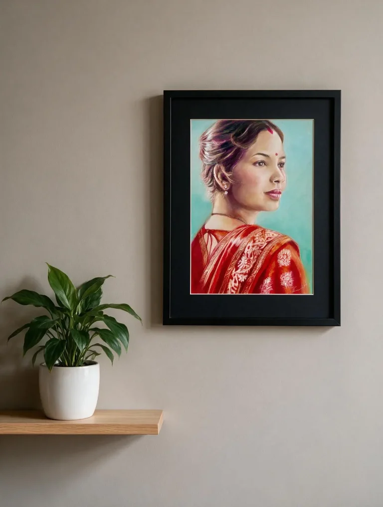 sanseau-sylvie-pastelliste-Inde-femme-sari-Pooja-encadre-pase-partout-40cm-50cm